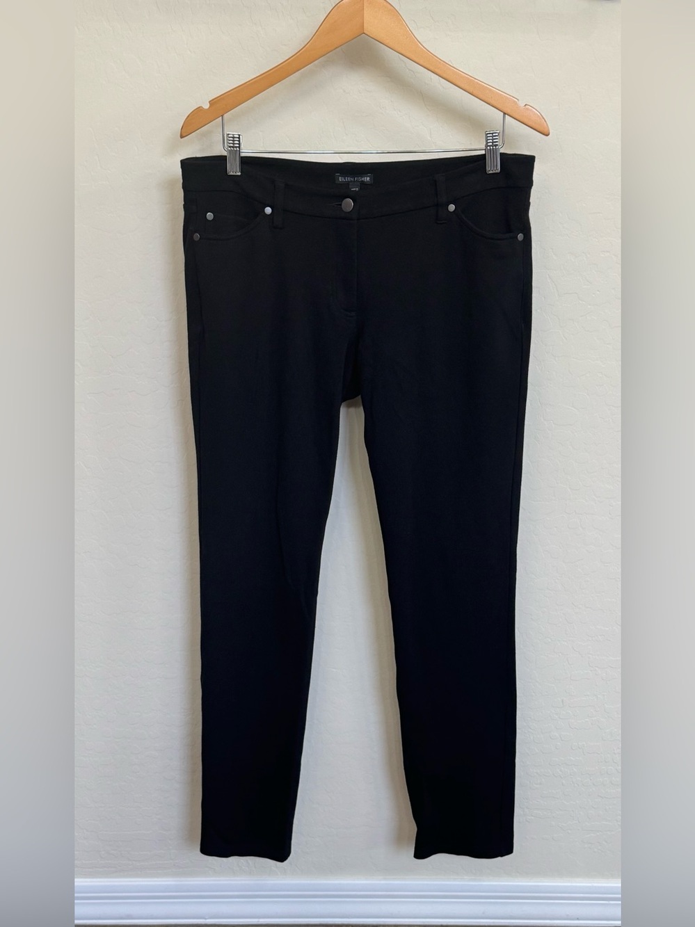 Eileen Fisher Italian Fabric Black Skinny Denim Pants Size 12 High Rise Like New